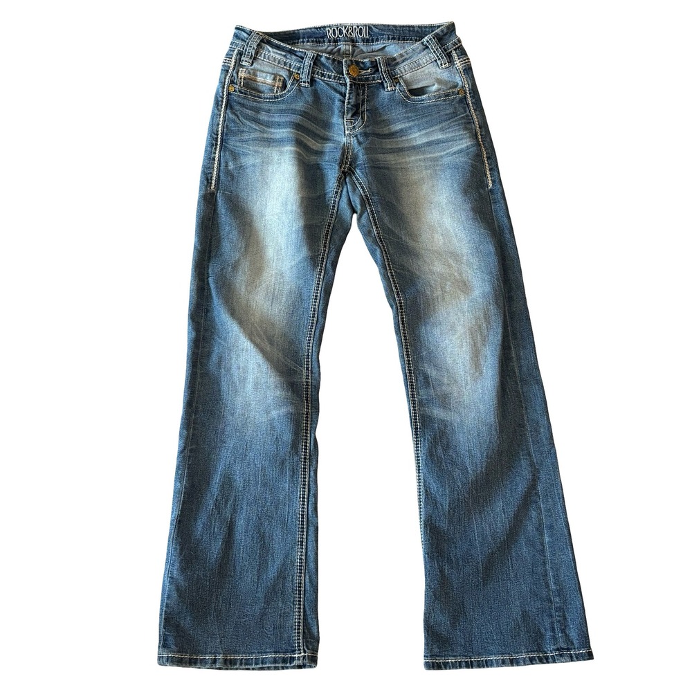 Rock & Roll Cowgirl Riding Jeans 27x30 Medium Wash Bootcut Contrast Stitch Denim
